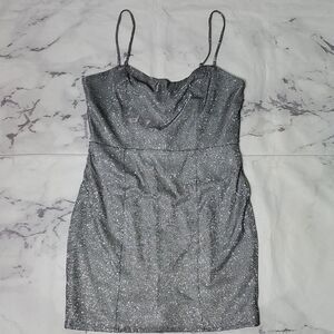 Lulu's Silver Sparkle Spaghetti Strap Mini Dress